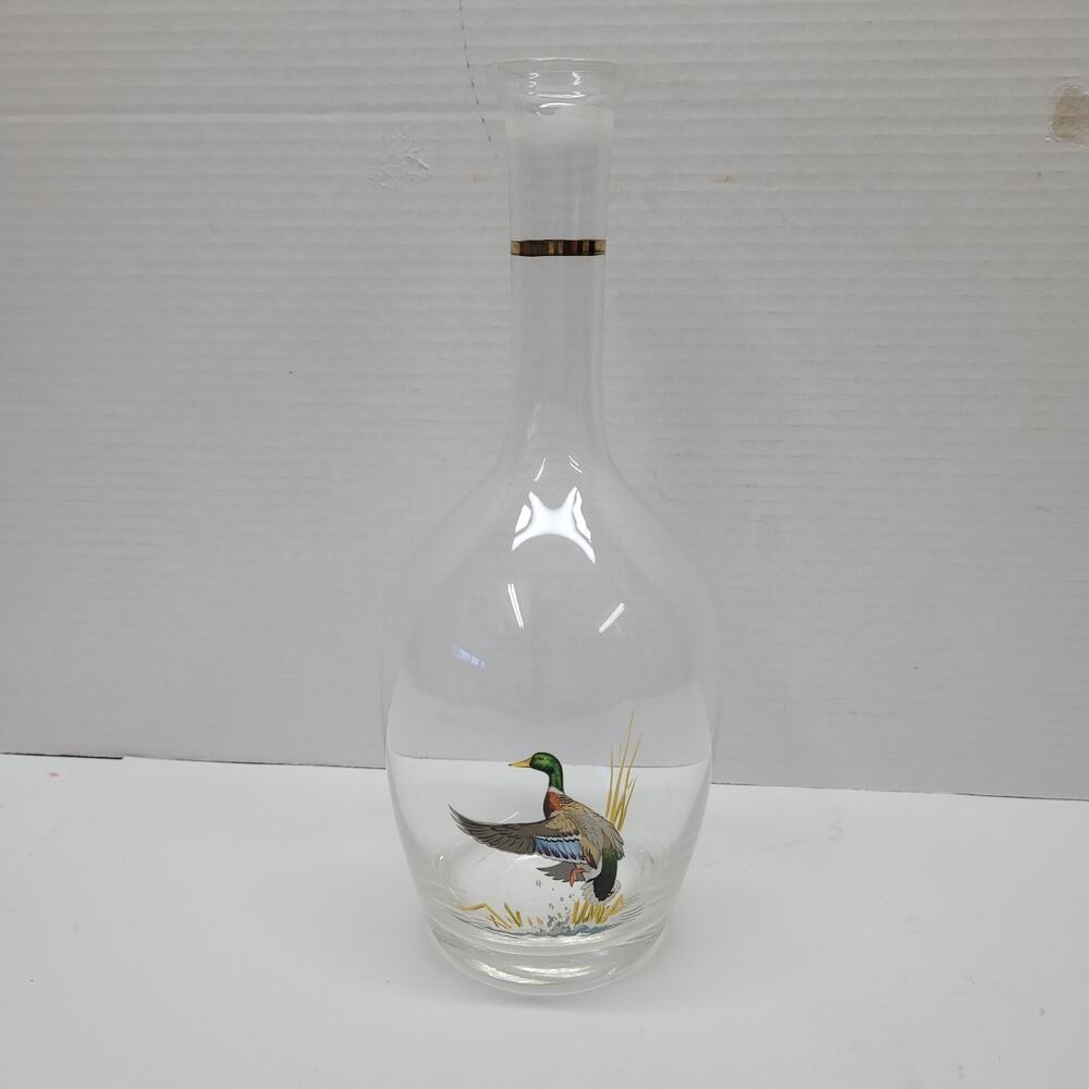 Ned Smith Mallard Glass Carafe Decanter Gold Trim No Stopper